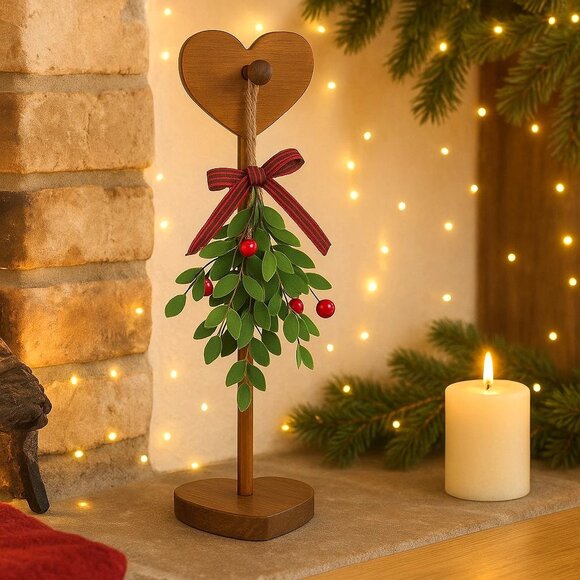 Christmas Mistletoe on Rustic Wooden Heart Peg Holder Holiday Peace Love Decor - Picture 1 of 16